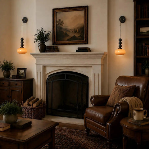 Flyrose Set of 2 Vintage Caramel Glass Wall Sconces Mid Century Modern Lamp above a cozy reading area.