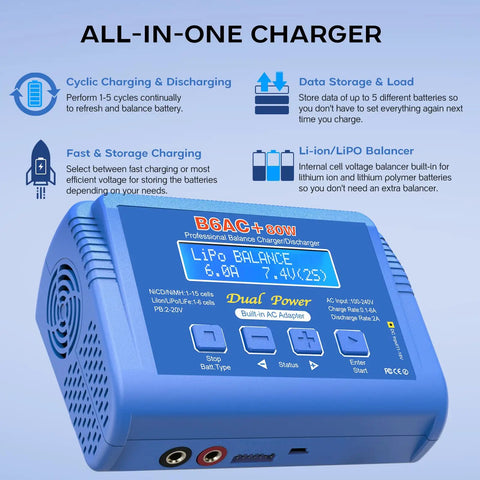 Fast Balance RC Battery Charger 80W 6A Beefy Smart Digital Discharger For 1S To 6S LiPo Life Liion NiMH NiCD Pb Batteries