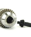 Close-up of Five Eighths Inch Drill Chuck For Magnetic Drills With Weldon Shank, including chuck key, on white background.