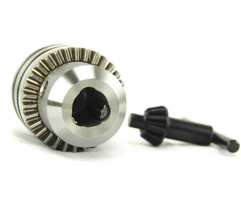 Close-up of Five Eighths Inch Drill Chuck For Magnetic Drills With Weldon Shank, including chuck key, on white background.