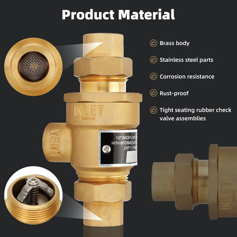Front view of 1/2 inch brass backflow preventer with dual check valve and atmospheric vent; female unions.