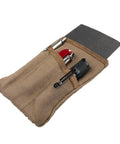 Slim Waxed Canvas EDC Pocket Pouch With Leather Accents, showing tools inside, Compact Zippered Tool Case For Camping And Everyday Carry