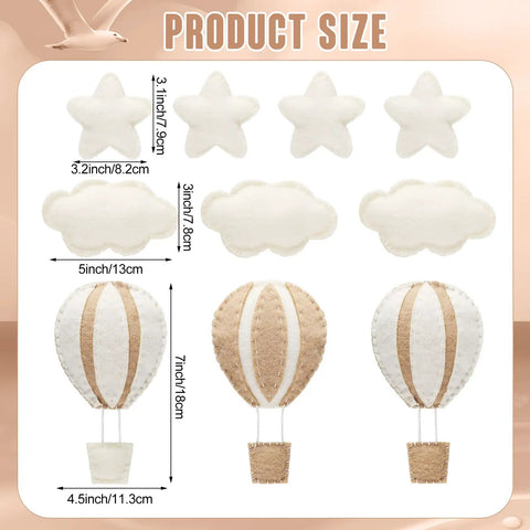 10 Piece Star Hot Air Balloon And Cloud Nursery Decor Set For Bedroom Wall Art Kids Baby Room Khaki Felt Clouds And Stars
