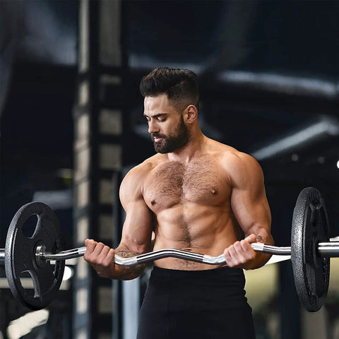 Man using 2 Inch EZ Curl Bar With 85 Lb Plates, 350 Lb Weight Capacity Olympic Curl Barbell For Biceps And Triceps, 47 Inch Rackable Bar