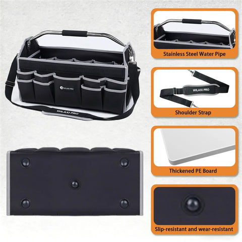 Built Tough 16 Inch Tool Bag For Men With Open Top Design Foldable Tool Tote Carrier Electrician Grade With 22 Pockets