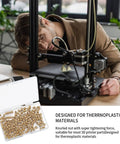 Man asleep next to 3D printer with box of 150 Pieces M3 Knurled Threaded Inserts for 3D Printing Heat Set Brass Nuts visible