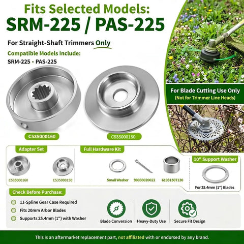 Stainless Steel Brush Cutter Blade Adapter Kit For Eleven Spline Straight Shaft 225 And 230 Series Beefed Up Build With 20mm And 25mm Center Holes Blade And Nut Not Included shown in use and fitting key components.