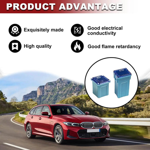 Kickass 30 Pc Automotive Fuse Assortment Kit With Heavy Duty Copper Contacts Color Coded Amperage Ratings low tall box fuses shown with car on road.