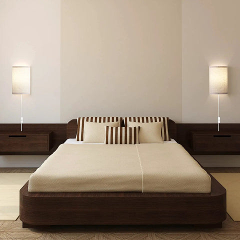 Set Of Two Wall Sconces With Plug In Power, 3 Way Dimmable Lighting In 2700K 4000K And 5000K, Classic Fabric Linen Lamp Shades in bedroom