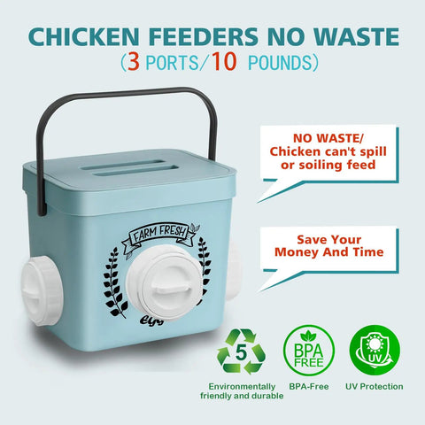 Straight Up No Mess Chicken Feeder For Chicks And Hens Heavy Duty Waterproof Poultry Dispenser, 10 pounds, blue, 3 ports, durable design.