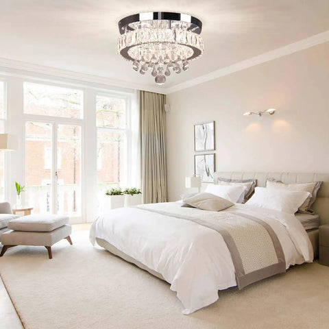 Bedroom with Dope Crystal Chandelier LED Ceiling Light With Remote Control Dimmable Flush Mount Fixture, K9 crystal, 11.8 inch