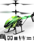 Kids RC Helicopter With 8 Light Modes And Easy Controls, 26 Minute Flight With Two Batteries, Green Toy For Boys And Girls Aged 8 To 12, Stable Hovering, Indoor And Outdoor Fun displayed with accessories