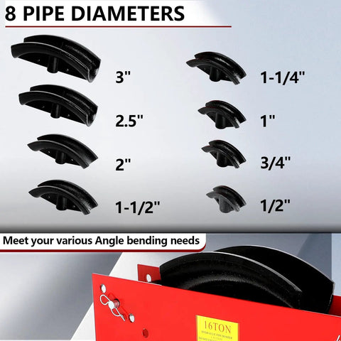 8 pipe dies for 16 Ton Manual Hydraulic Pipe Bender With 45 Steel Frame For Copper And Metal Tubes, sizes from 1/2" to 3".