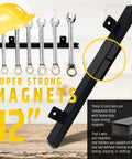 12 Inch Heavy Duty Magnetic Tool Holders 4 Pack 48 Inches Total Length displayed with wrenches and a hard hat.