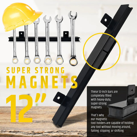 12 Inch Heavy Duty Magnetic Tool Holders 4 Pack 48 Inches Total Length displayed with wrenches and a hard hat.