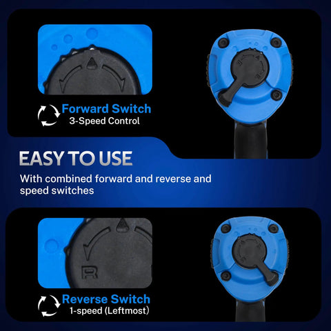 Drop Dead Tough 1/2 Air Impact Wrench With 1150 Ft Lbs Beastly Torque And Double Hammer Design detailed view of control switches.