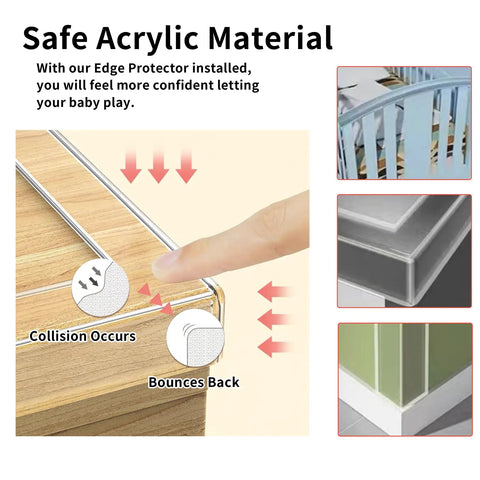 Clear Self Adhesive Corner Protectors And Edge Guard Tape For Baby Safety Flexible Bumper Strips shown on a wooden surface, protecting edges.