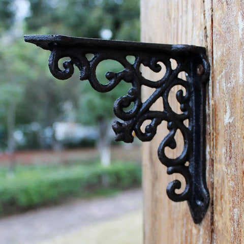 Built Tough Heavy Duty Cast Iron Wall Shelf Brackets Rust Proof 90 Degree Corner Braces, detailed view of black cast iron bracket.