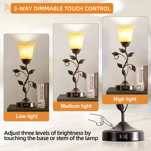 Touch Control Table Lamp With Two USB Ports, 3-Way Dimmable Bedside Light, Amber Glass Shade showing low, medium, and high brightness levels.