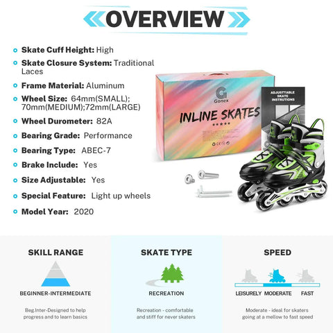 Adjustable Inline Skates For Kids And Teens With Light Up Wheels, 3 Sizes S M L, product display with specifications and box.