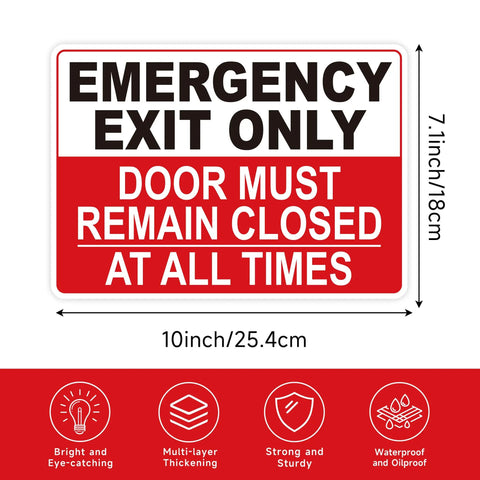 Emergency Exit Sticker Self Adhesive Red Sign That Grabs Attention, UV Weather Scratch Water Fade Resistant, Door Must Remain Closed At All Times, Perfect For Business Schools Offices Storage Rooms Hospitals, dimensions 10x7.1 inches