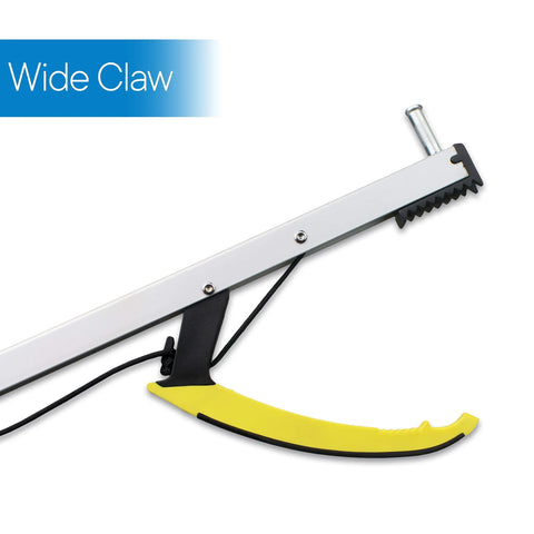 Side view of RMS 26-inch folding grabber/reacher with yellow curved grip and ergonomic handle.