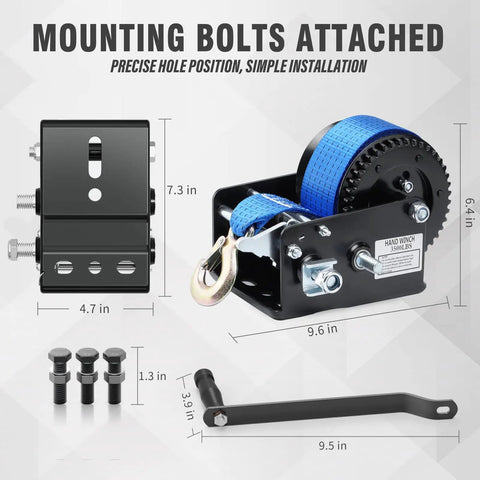 Beefy Heavy Duty Hand Winch for Boat Trailers 3500 Lbs With 33 Ft Polyester Strap and Mounting Bolts Display