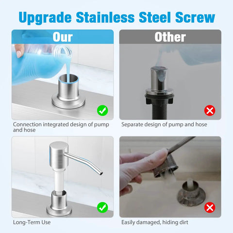Comparison of built in kitchen sink soap dispenser and lotion dispenser in brushed nickel with separate pump design