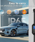 Plug And Play Type 2 Electric Vehicle Charger With Nema 14 50 Outlet Adjustable 32 Amps charging an electric vehicle in a modern setting.