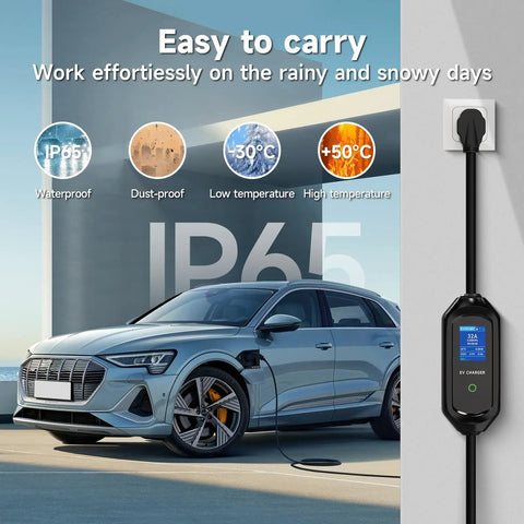 Plug And Play Type 2 Electric Vehicle Charger With Nema 14 50 Outlet Adjustable 32 Amps charging an electric vehicle in a modern setting.