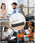 Collage showing Portable Thermal Printer D80 Wireless For Travel And On The Go Inkless Printer in business, travel, car, and site settings.