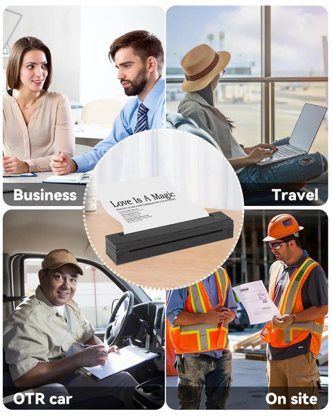 Collage showing Portable Thermal Printer D80 Wireless For Travel And On The Go Inkless Printer in business, travel, car, and site settings.