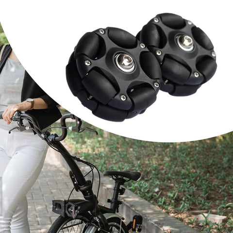 Pair of 58mm black omni-directional roller wheels for folding bikes, replacement wheels.