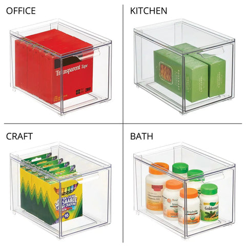 Clear 2 Pack Slim Stackable Closet Organizer Bins With Pull Out Drawers For Shoes Bags Totes Accessories And Small Linens The Go To Storage Solution For Cluttered Closets holding office supplies, kitchen items, craft materials, and toiletries.