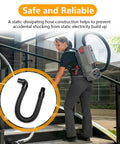 Worker using a backpack vacuum with Static Dissipating Backpack Vacuum Hose With 1-1/2 Inch Cuffs Replacement; hose detail shown.