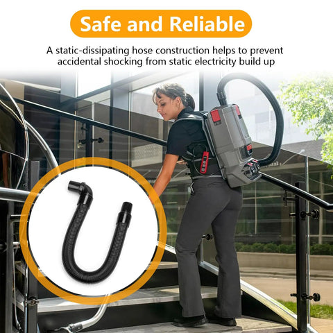Worker using a backpack vacuum with Static Dissipating Backpack Vacuum Hose With 1-1/2 Inch Cuffs Replacement; hose detail shown.