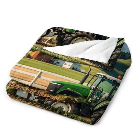 Milk Farm Flannel Throw Blanket 55x70 Inch Cozy Soft Lightweight Plush folded with tractor and farm print
