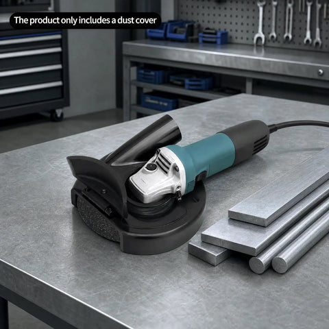 Universal 9 Inch Angle Grinder Cover With Heavy Duty Tough As Nails Debris Extraction Shroud on a workbench with metal pieces.