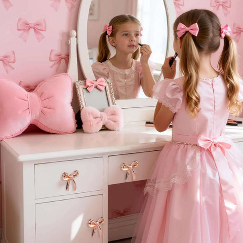 Girl at vanity with Rose Gold Bow Dresser Knobs 4 Pack Decorative Cabinet Hardware For Dressers Cabinets Closets