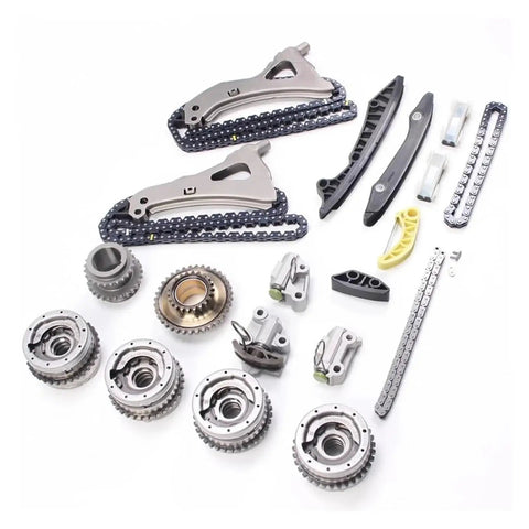 Premium Timing Chain Camshaft Adjuster Kit For Benz CLS500 E550 GLE500 With M278 V8 4.7L Turbo Engine And High Strength Alloy Build For Long Lasting Durability And Smooth Performance, alloy timing chain kit parts laid out