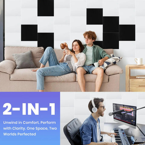 18 Pack Self Adhesive Acoustic Panels For Walls High Density Soundproof Foam Tiles 12 Inch Square White Squares used in home studio decor.