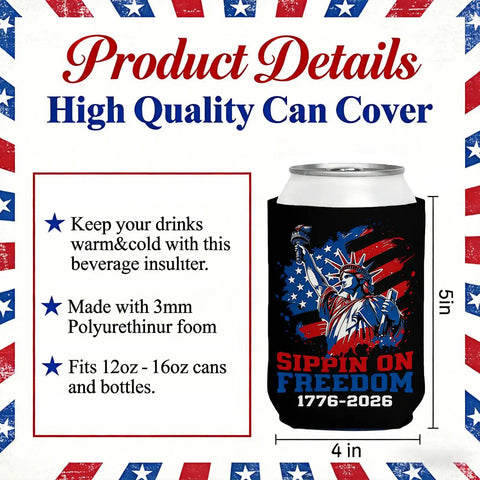 Patriotic 250th Anniversary Can Cooler Sleeves 12 Pack Neoprene Insulated Beverage Holders Collapsible Covers For Fourth Of July Memorial Day Outdoor Parties Keeps Your Drinks Cold With Festive All American Red White And Blue USA Designs featuring a can in a sleeve.