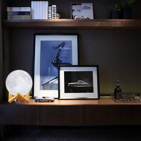 Moon Lamp 4.75 Inch 3D Printed LED Night Light With 16 Colors, Stand, Remote And Touch Control, USB Rechargeable on shelf