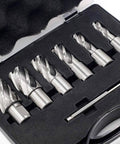 Oscarbide 7-piece annular cutter set with Weldon shank, HSS, in foam-lined case