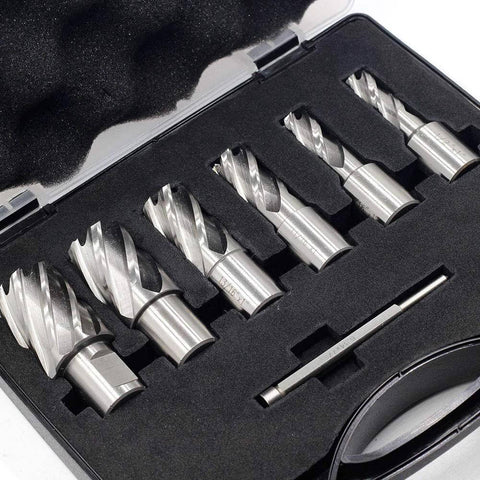 Oscarbide 7-piece annular cutter set with Weldon shank, HSS, in foam-lined case