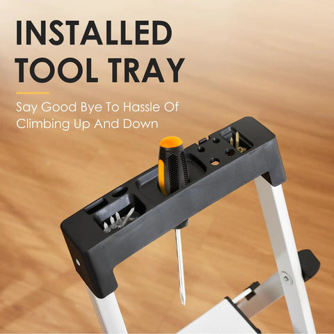 Installed tool tray on Five Step Aluminum Ladder With Tool Tray, Anti Slip Folding Stool For Adults, Lightweight Portable Design.