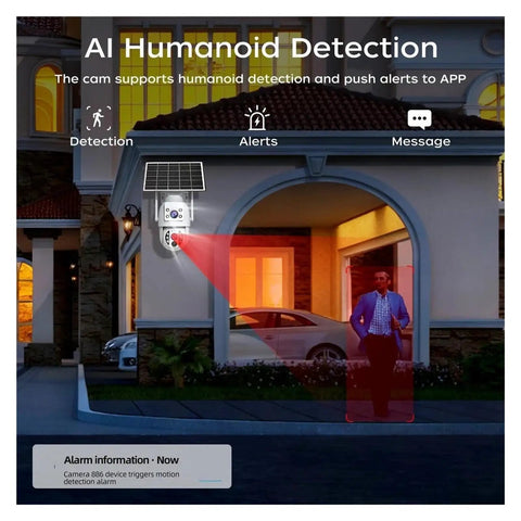 For Real 4K Dual Lens Outdoor Security Camera With Hassle Free Solar Charging And Clean 360 Pan Tilt Zoom Wifi Wireless Surveillance System For Yard Watch in use at night with humanoid detection.