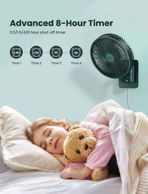 Wall Mounted Oscillating Fan With Remote And Timer For Home And RV Use, 8.5 Inch Compact Fan With Four Speeds, installed over a sleeping child