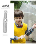 Close-up of a silver plastic umbrella tail bead alongside a child holding a clear umbrella, ideal for rain gear repair.