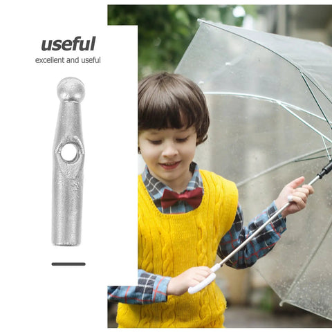 Close-up of a silver plastic umbrella tail bead alongside a child holding a clear umbrella, ideal for rain gear repair.